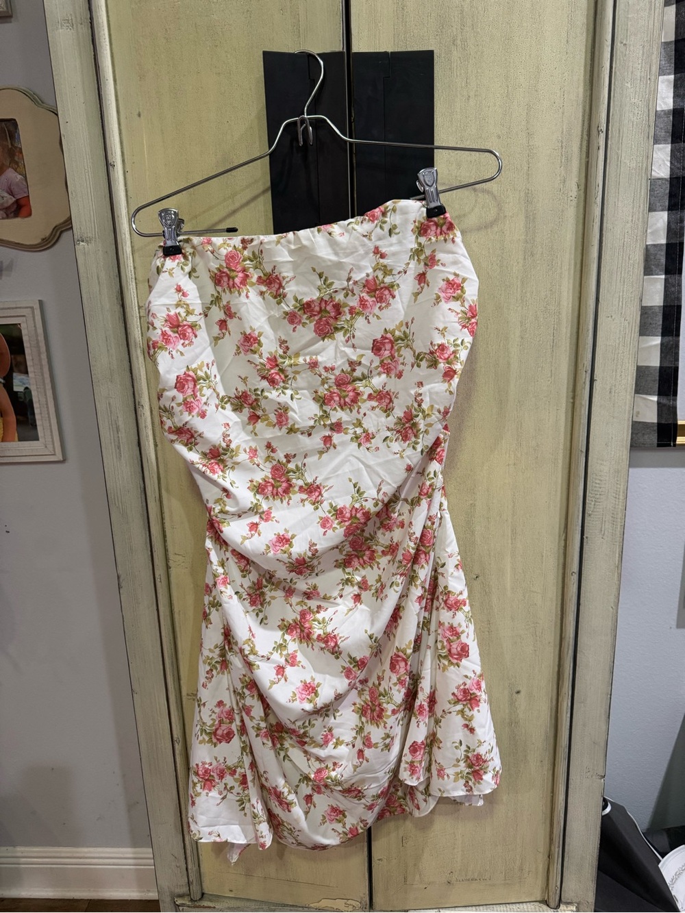 Floral Pink and White mid length  strapless dress
